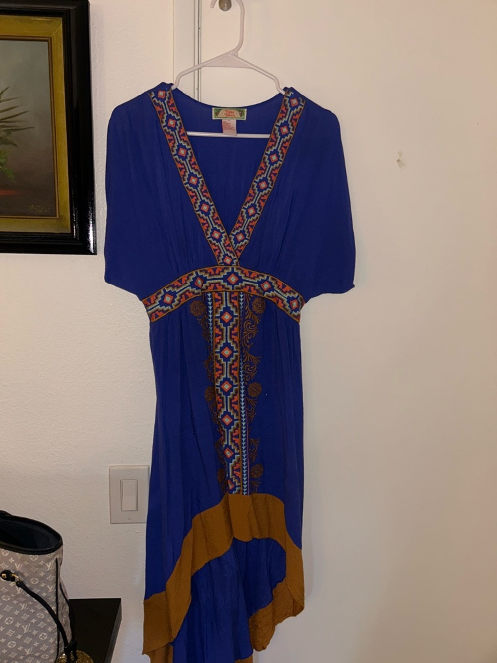 Flying Tomato Royal Blue V-Neck Embroidered High-Low Dress with Mustard Trim